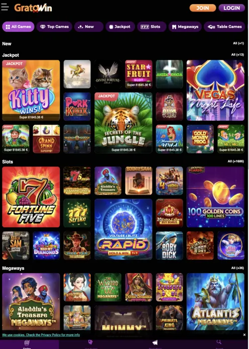 Principale selezione giochi portale Gratowin